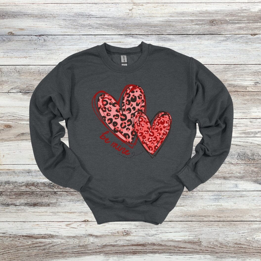 Leopard Hearts - Be Mine - Valentines Day - 2024 - Adult and Youth Crewneck Sweatshirts and Tee Shirts Crewneck Sweatshirt Graphic Avenue Crewneck Sweatshirt Dark Heather Adult Small