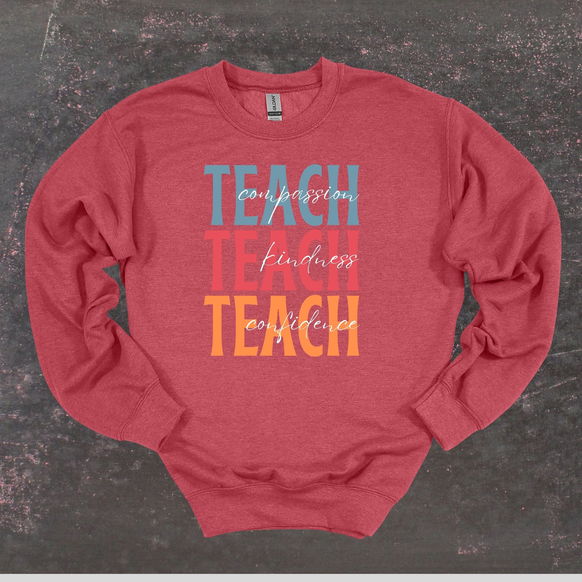 Teach Compassion Kindness Confidence - Teacher Crewneck Sweatshirt - Adult Sweatshirts Crewneck Sweatshirt Graphic Avenue Heather Sport Scarlet Adult Small 