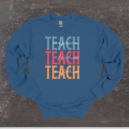 Teach Compassion Kindness Confidence - Teacher Crewneck Sweatshirt - Adult Sweatshirts Crewneck Sweatshirt Graphic Avenue Indigo Blue Adult Small 