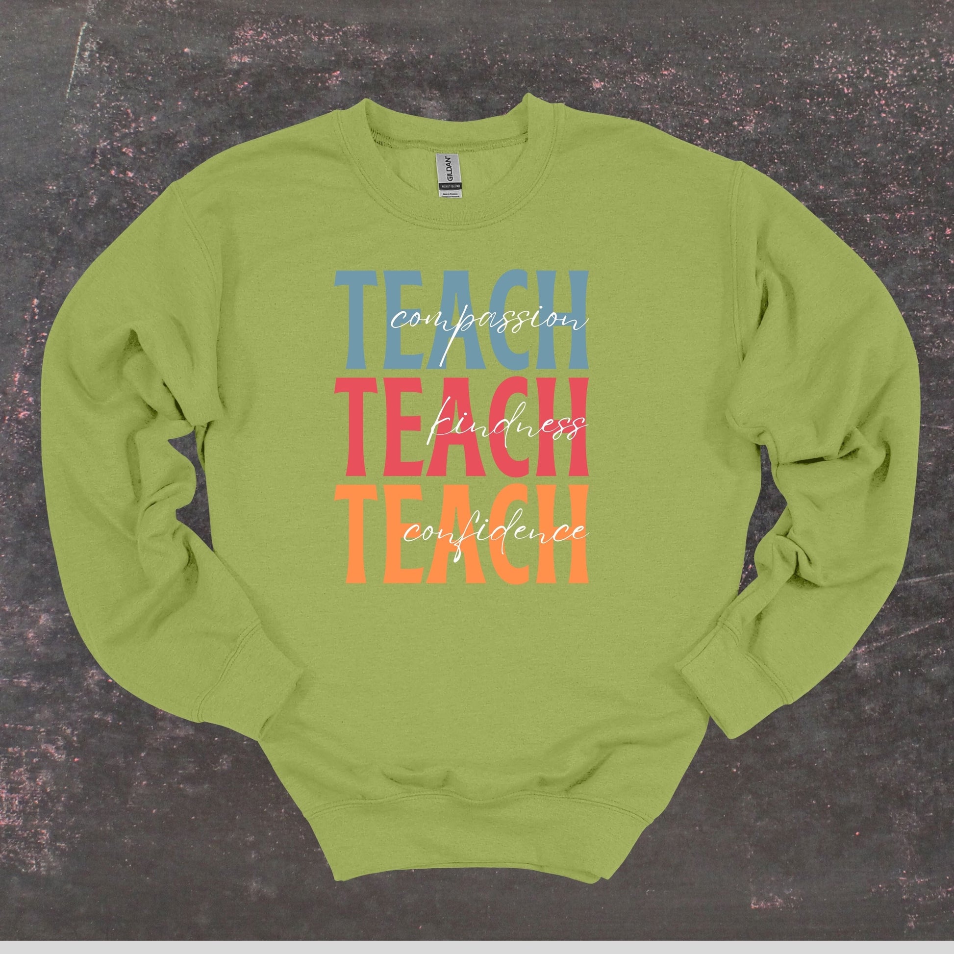 Teach Compassion Kindness Confidence - Teacher Crewneck Sweatshirt - Adult Sweatshirts Crewneck Sweatshirt Graphic Avenue Kiwi Adult Small 