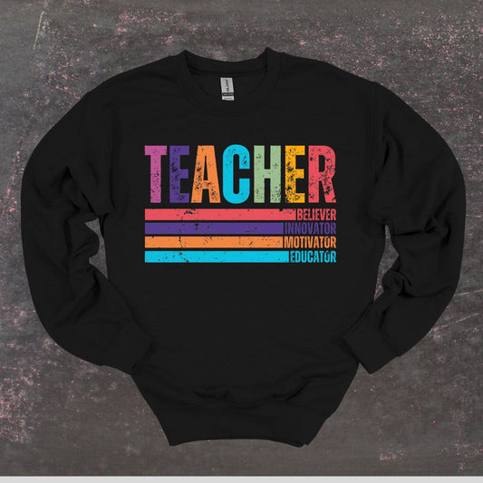 Teacher Believer Innovator Motivator Educator - Teacher Crewneck Sweatshirt - Adult Sweatshirts Crewneck Sweatshirt Graphic Avenue Black Adult Small 