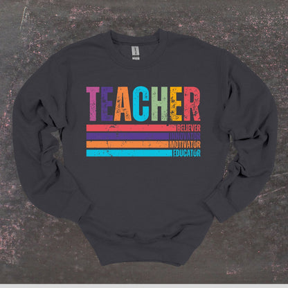 Teacher Believer Innovator Motivator Educator - Teacher Crewneck Sweatshirt - Adult Sweatshirts Crewneck Sweatshirt Graphic Avenue Charcoal Adult Small 