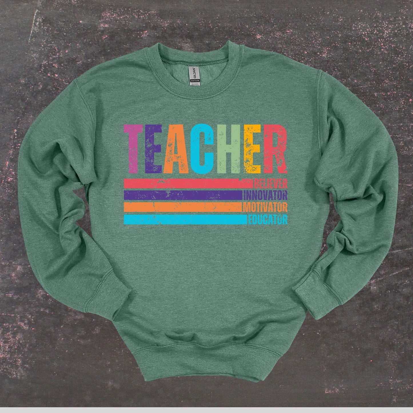 Teacher Believer Innovator Motivator Educator - Teacher Crewneck Sweatshirt - Adult Sweatshirts Crewneck Sweatshirt Graphic Avenue Heather Sport Dark Green Adult Small 
