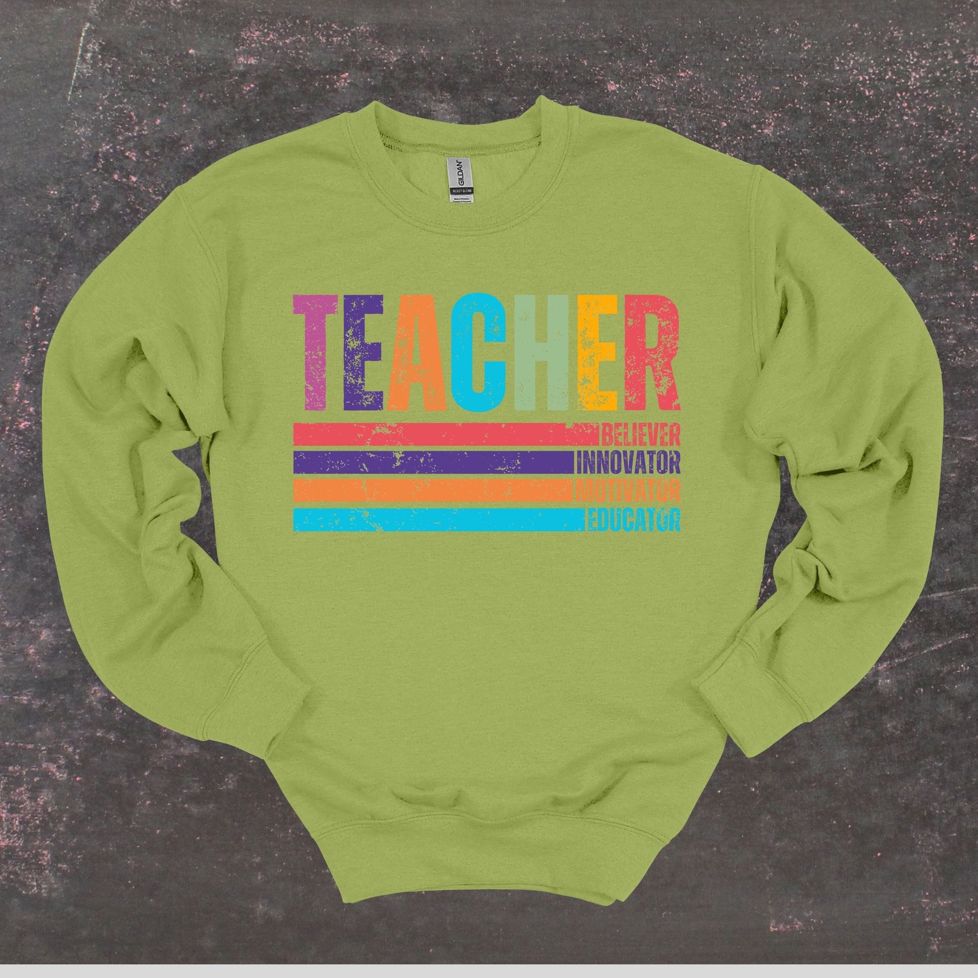 Teacher Believer Innovator Motivator Educator - Teacher Crewneck Sweatshirt - Adult Sweatshirts Crewneck Sweatshirt Graphic Avenue Kiwi Adult Small 