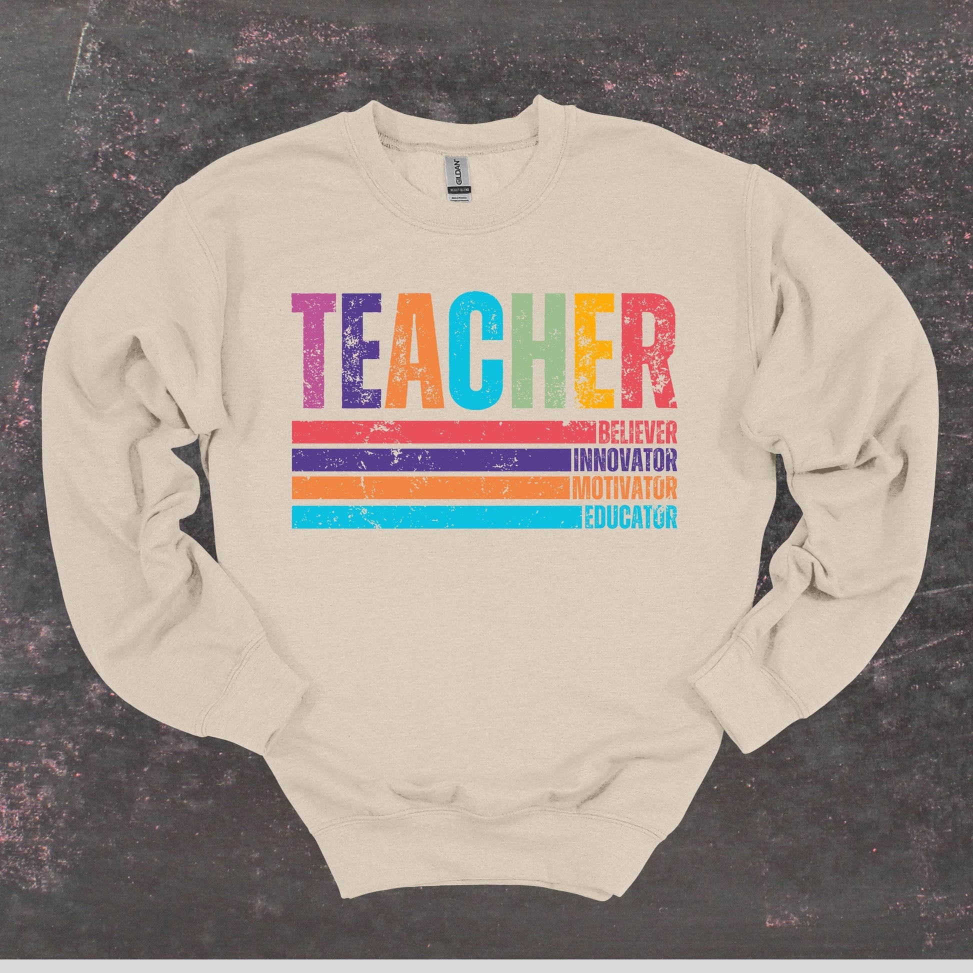 Teacher Believer Innovator Motivator Educator - Teacher Crewneck Sweatshirt - Adult Sweatshirts Crewneck Sweatshirt Graphic Avenue Sand Adult Small 