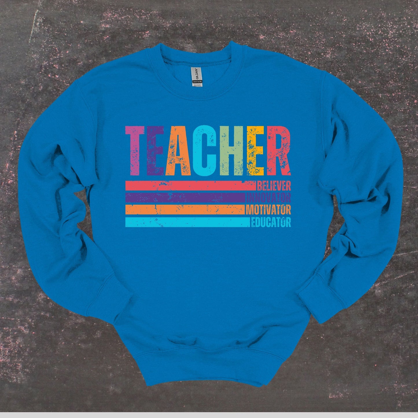 Teacher Believer Innovator Motivator Educator - Teacher Crewneck Sweatshirt - Adult Sweatshirts Crewneck Sweatshirt Graphic Avenue Sapphire Adult Small 
