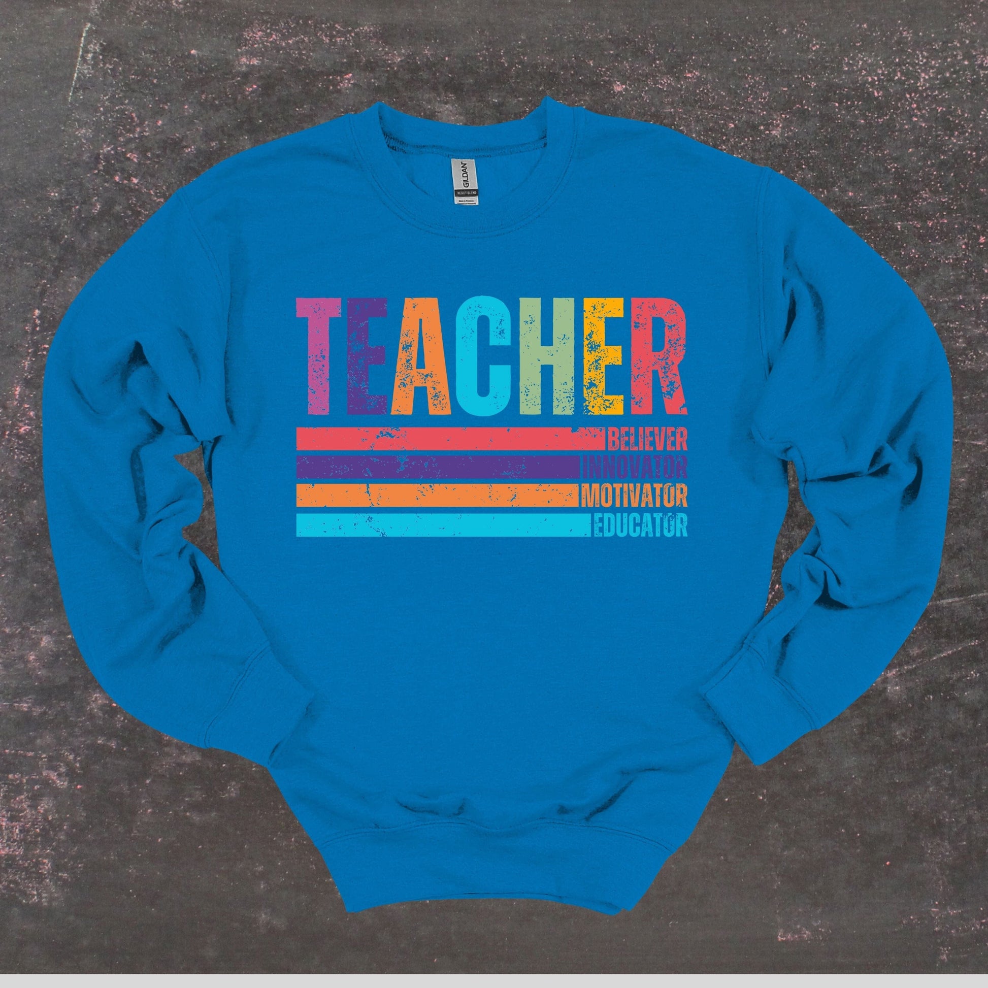 Teacher Believer Innovator Motivator Educator - Teacher Crewneck Sweatshirt - Adult Sweatshirts Crewneck Sweatshirt Graphic Avenue Sapphire Adult Small 