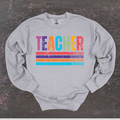Teacher Believer Innovator Motivator Educator - Teacher Crewneck Sweatshirt - Adult Sweatshirts Crewneck Sweatshirt Graphic Avenue Sport Grey Adult Small 