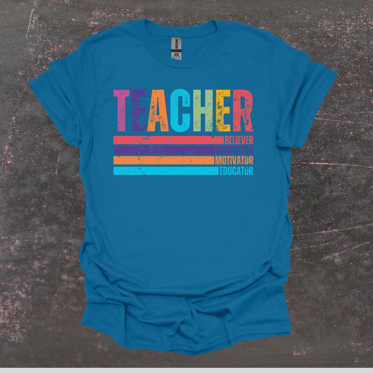 Teacher Believer Innovator Motivator Educator - Teacher T Shirt - Adult Tee Shirts T-Shirts Graphic Avenue Antique Sapphire Adult Small 
