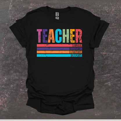 Teacher Believer Innovator Motivator Educator - Teacher T Shirt - Adult Tee Shirts T-Shirts Graphic Avenue Black Adult Small 