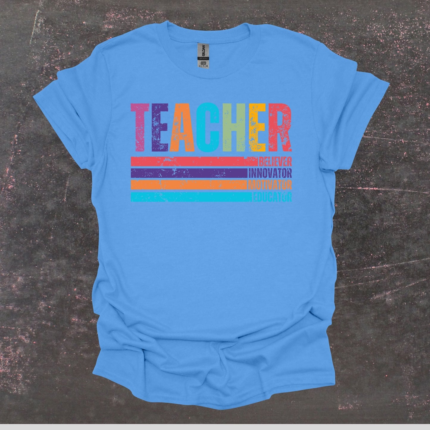 Teacher Believer Innovator Motivator Educator - Teacher T Shirt - Adult Tee Shirts T-Shirts Graphic Avenue Carolina Blue Adult Small 