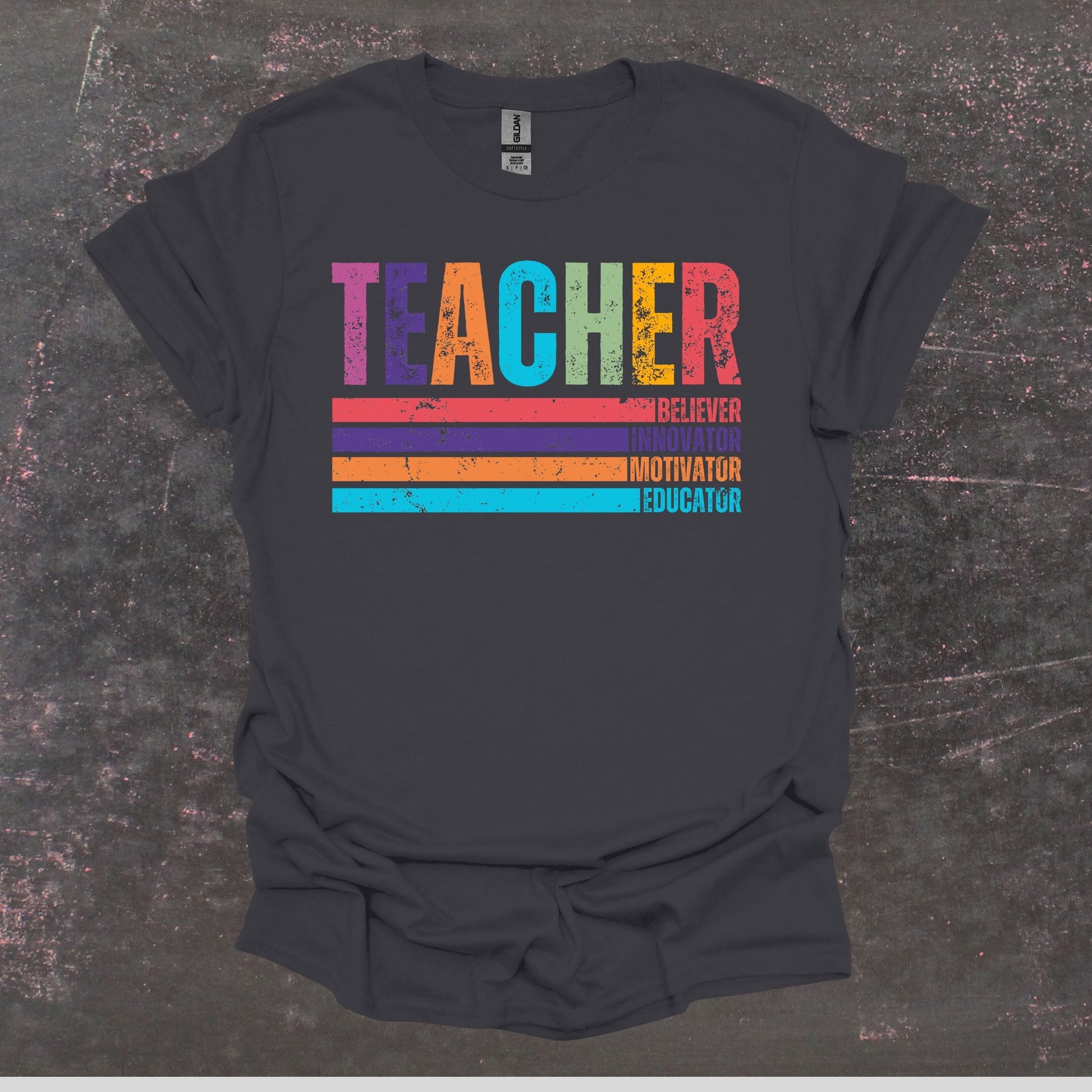 Teacher Believer Innovator Motivator Educator - Teacher T Shirt - Adult Tee Shirts T-Shirts Graphic Avenue Charcoal Adult Small 
