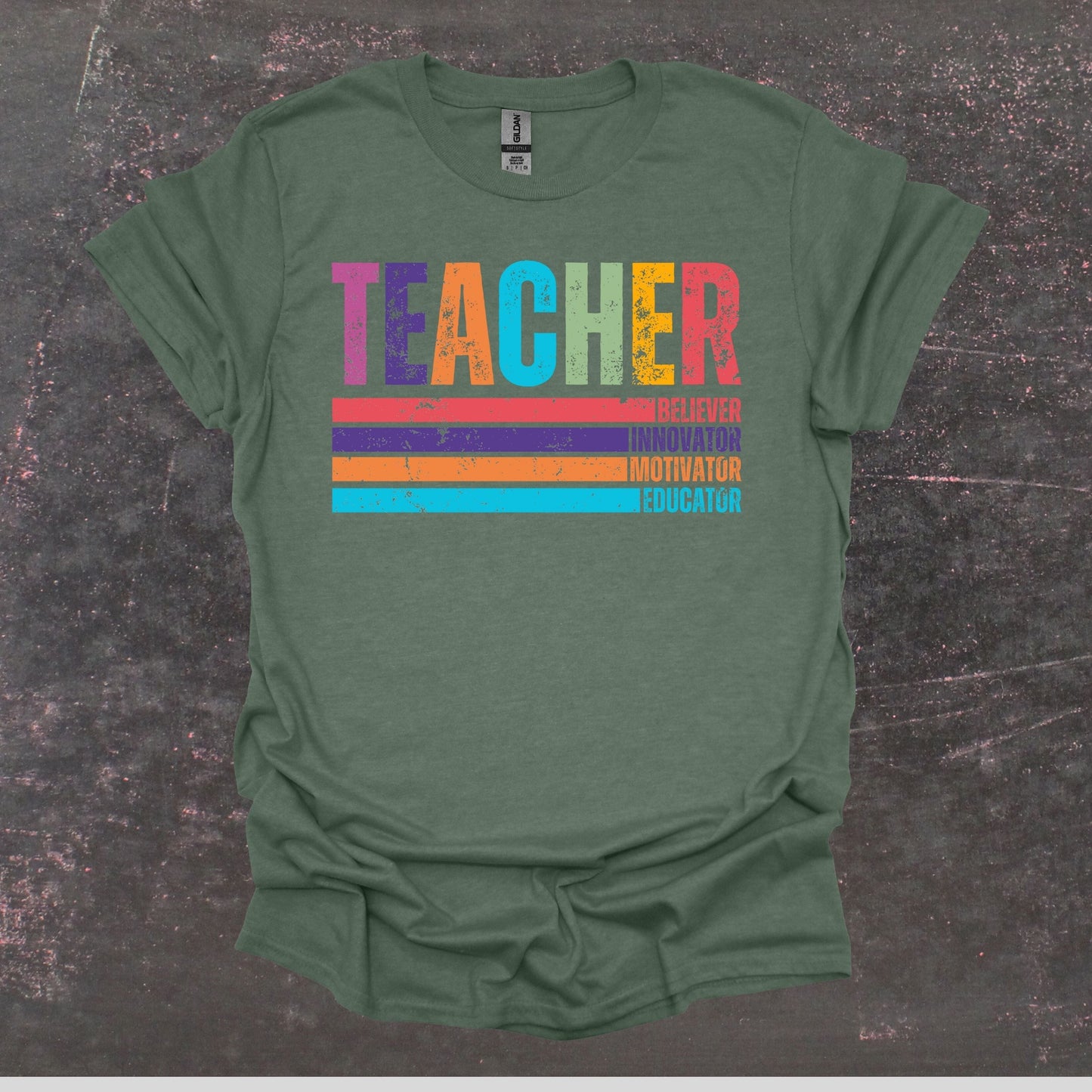 Teacher Believer Innovator Motivator Educator - Teacher T Shirt - Adult Tee Shirts T-Shirts Graphic Avenue Heather Forest Green Adult Small 
