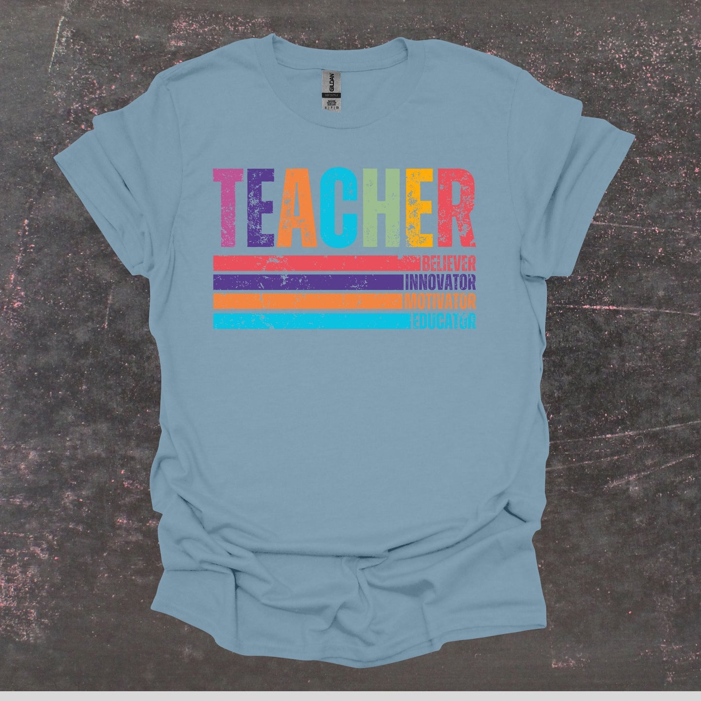 Teacher Believer Innovator Motivator Educator - Teacher T Shirt - Adult Tee Shirts T-Shirts Graphic Avenue Stone Blue Adult Small 