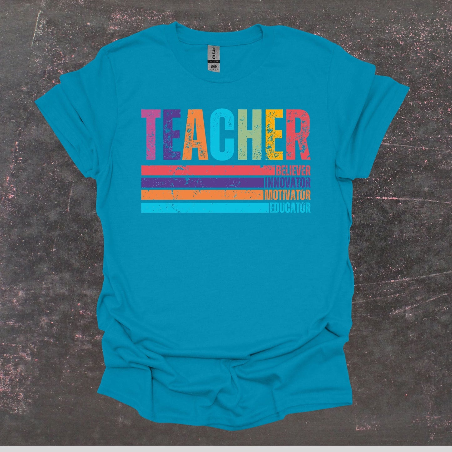 Teacher Believer Innovator Motivator Educator - Teacher T Shirt - Adult Tee Shirts T-Shirts Graphic Avenue Tropical Blue Adult Small 