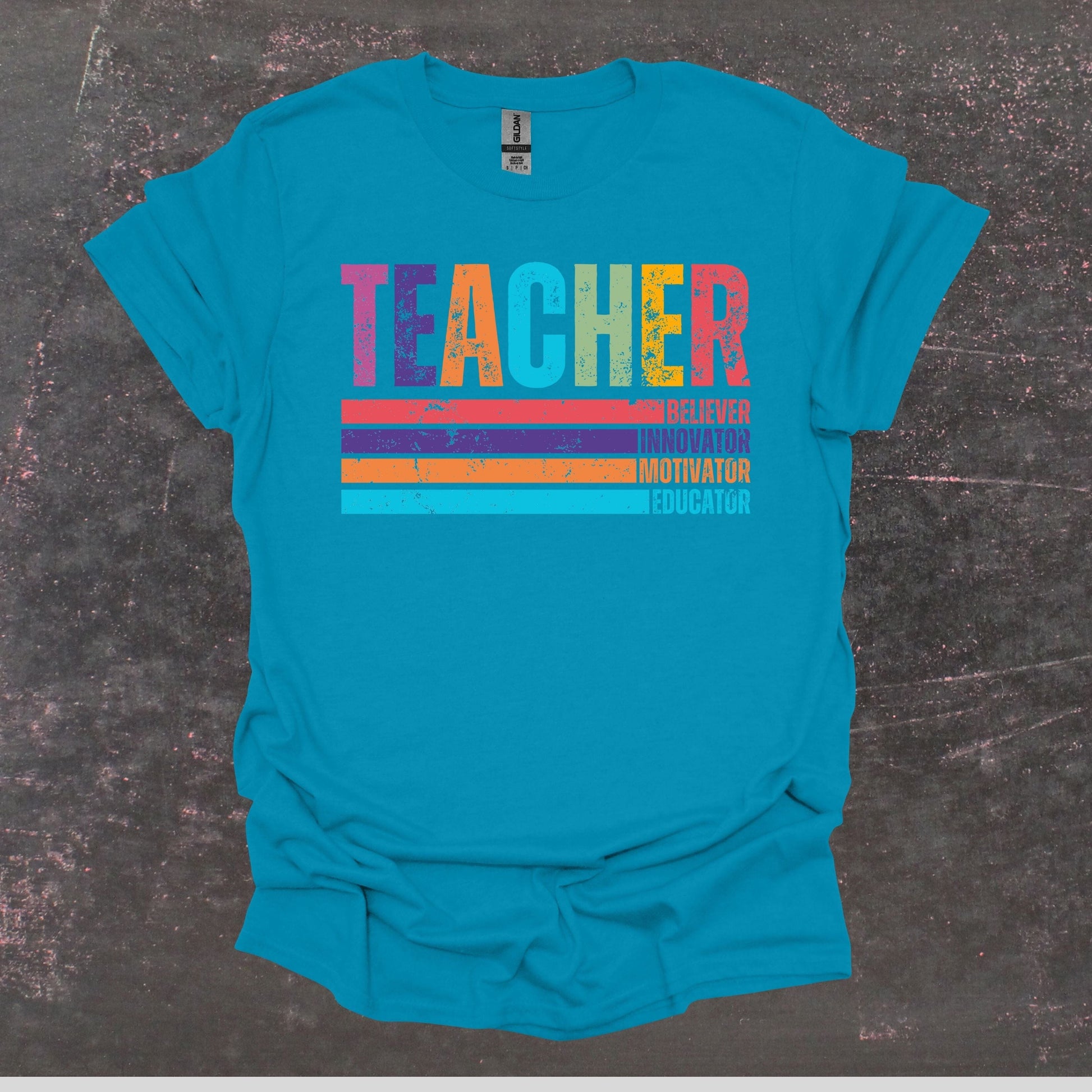 Teacher Believer Innovator Motivator Educator - Teacher T Shirt - Adult Tee Shirts T-Shirts Graphic Avenue Tropical Blue Adult Small 