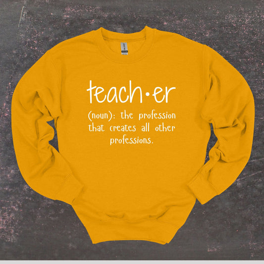 Teacher Definition - Teacher Crewneck Sweatshirt - Adult Sweatshirts Crewneck Sweatshirt Graphic Avenue Gold Adult Small 