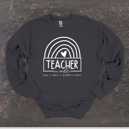 Teacher Mode - Teacher Crewneck Sweatshirt - Adult Sweatshirts Crewneck Sweatshirt Graphic Avenue Charcoal Adult Small 