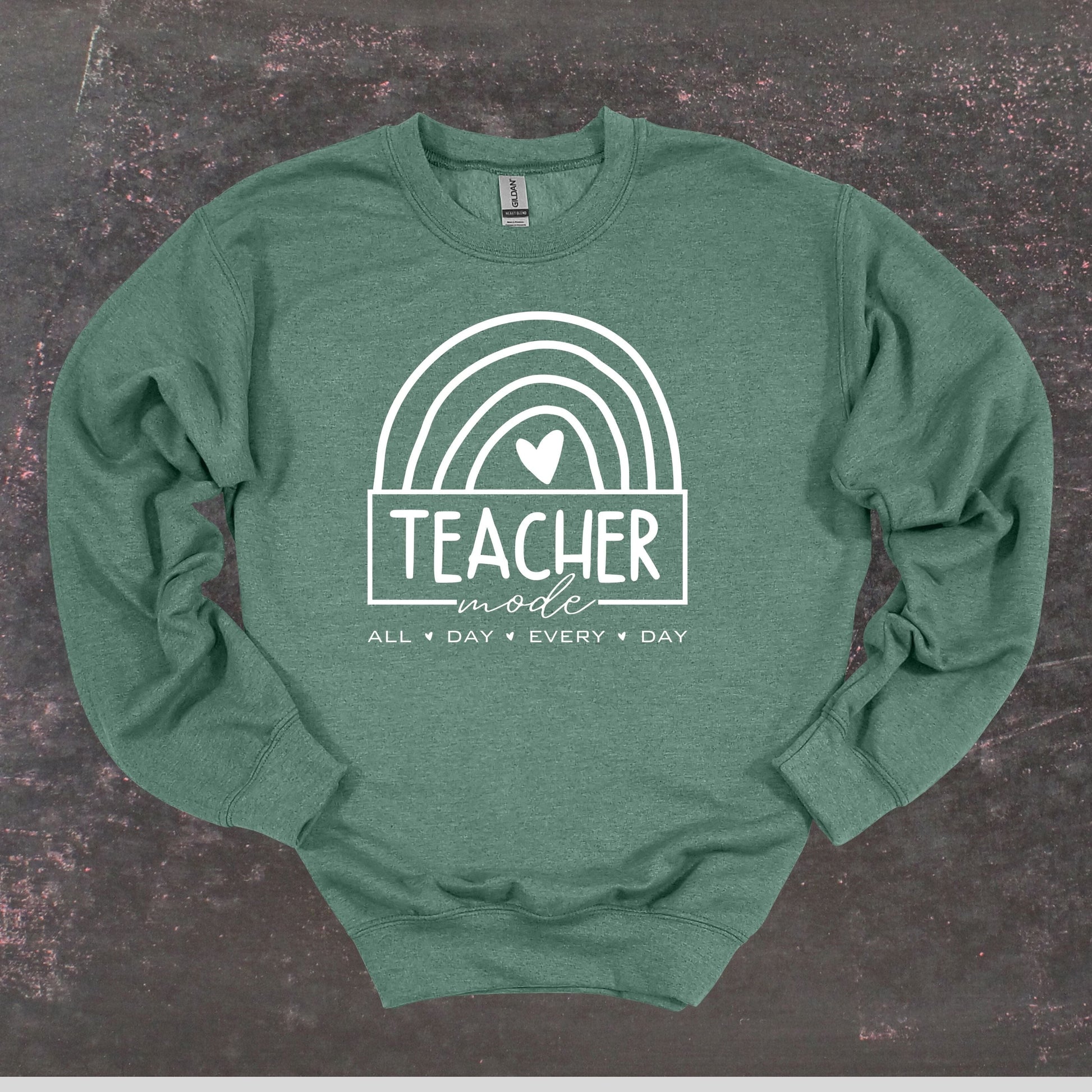 Teacher Mode - Teacher Crewneck Sweatshirt - Adult Sweatshirts Crewneck Sweatshirt Graphic Avenue Heather Sport Dark Green Adult Small 