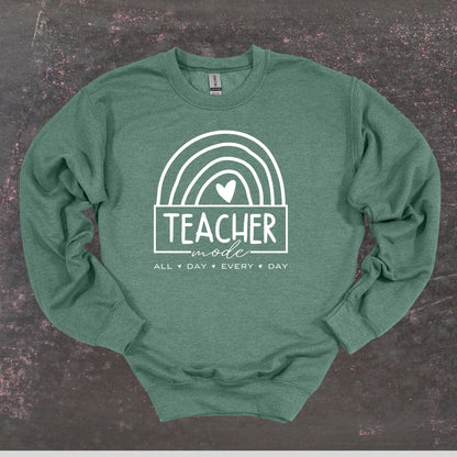 Teacher Mode - Teacher Crewneck Sweatshirt - Adult Sweatshirts Crewneck Sweatshirt Graphic Avenue Heather Sport Dark Green Adult Small 