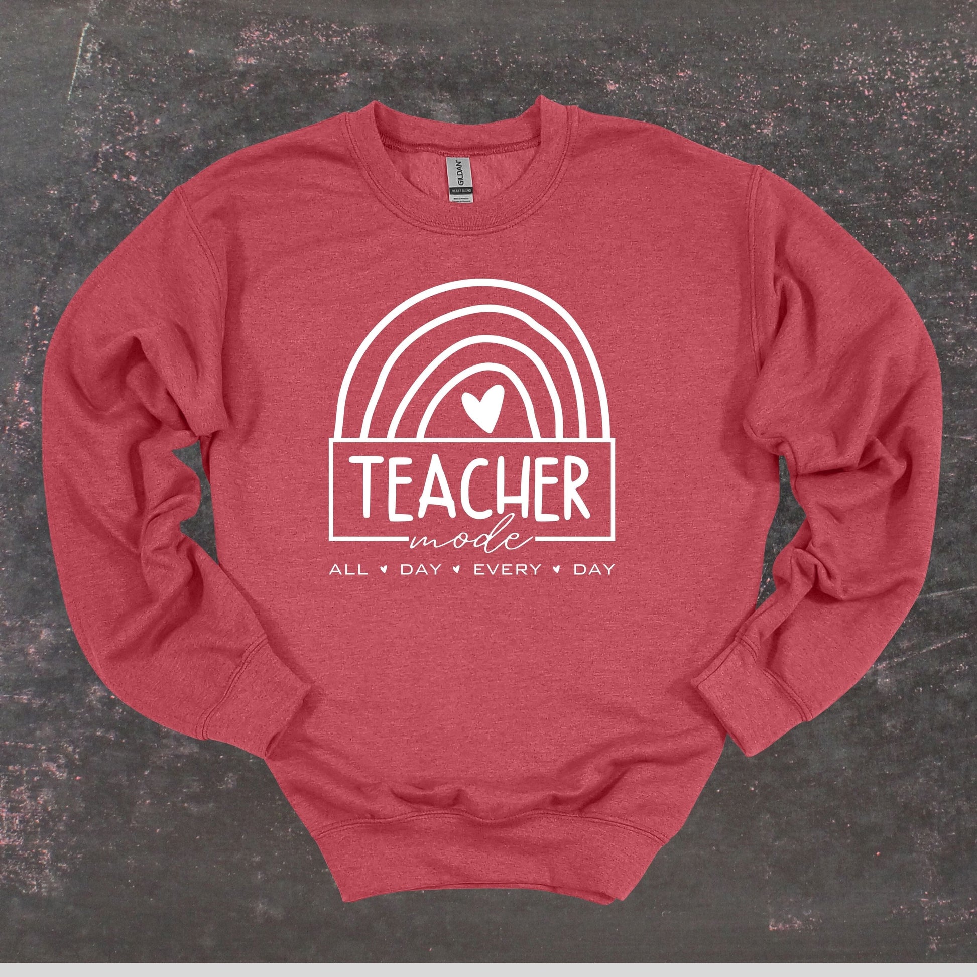 Teacher Mode - Teacher Crewneck Sweatshirt - Adult Sweatshirts Crewneck Sweatshirt Graphic Avenue Heather Sport Scarlet Adult Small 