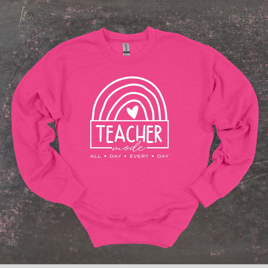 Teacher Mode - Teacher Crewneck Sweatshirt - Adult Sweatshirts Crewneck Sweatshirt Graphic Avenue Heliconia Adult Small 