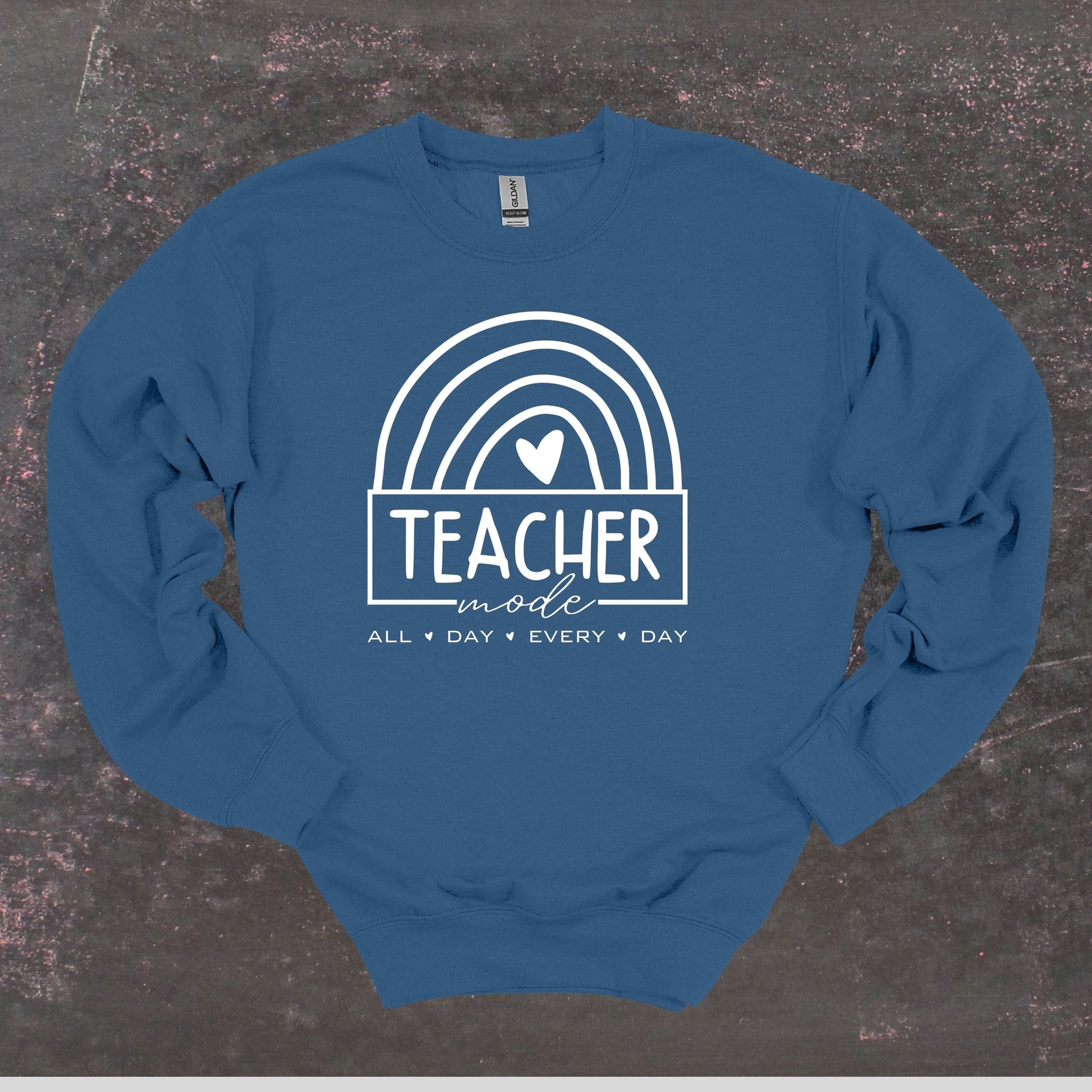 Teacher Mode - Teacher Crewneck Sweatshirt - Adult Sweatshirts Crewneck Sweatshirt Graphic Avenue Indigo Blue Adult Small 