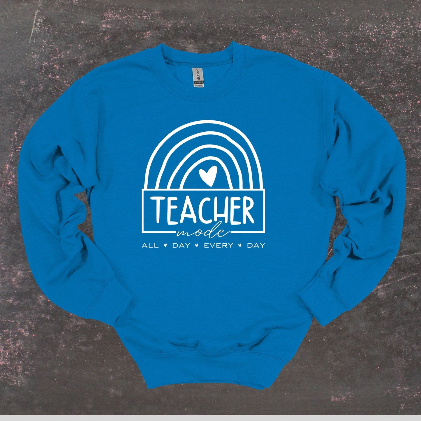 Teacher Mode - Teacher Crewneck Sweatshirt - Adult Sweatshirts Crewneck Sweatshirt Graphic Avenue Sapphire Adult Small 