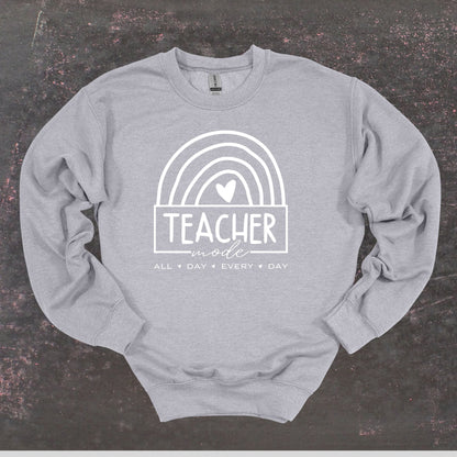Teacher Mode - Teacher Crewneck Sweatshirt - Adult Sweatshirts Crewneck Sweatshirt Graphic Avenue Sport Grey Adult Small 