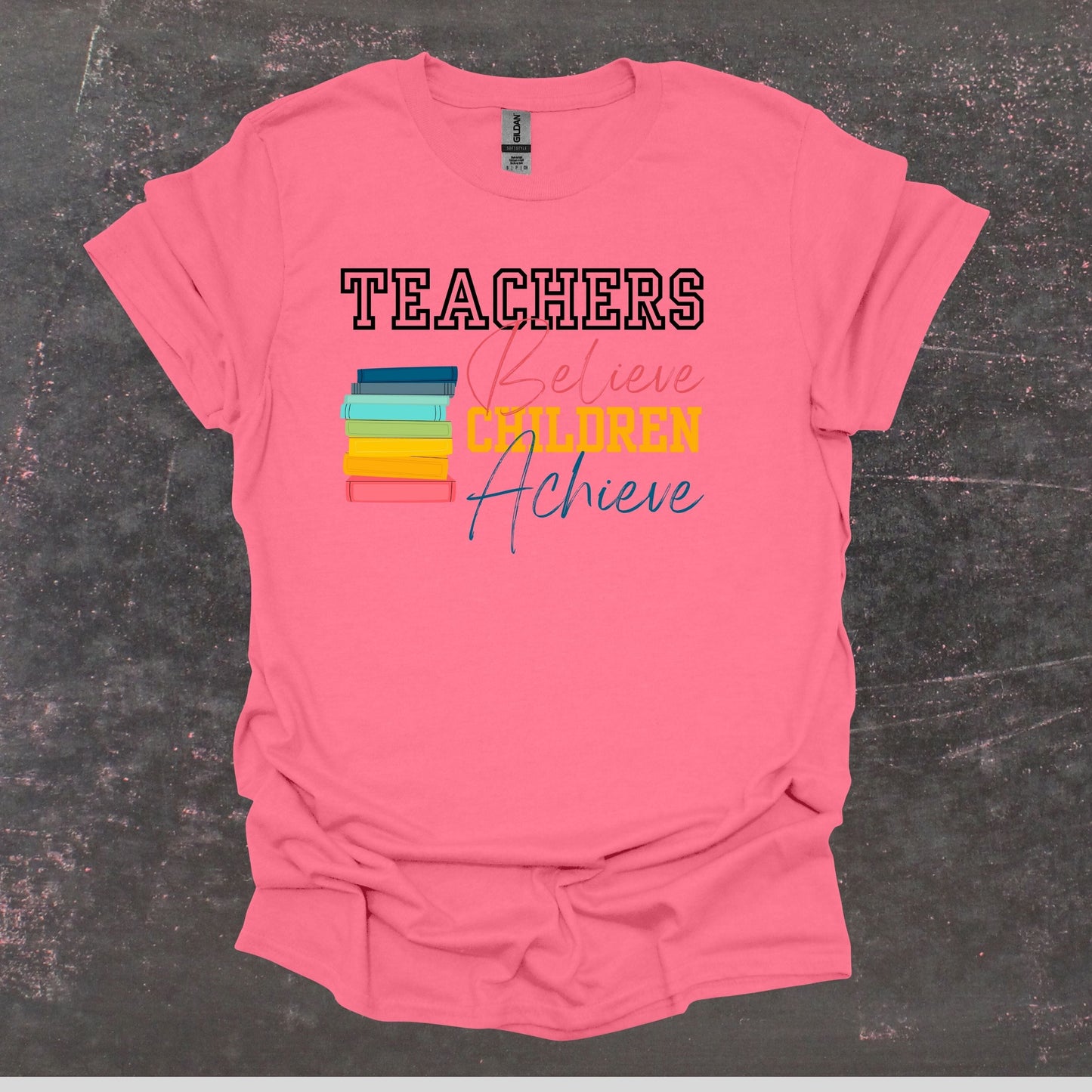 Teachers Believe Children Achieve - Teacher T Shirt - Adult Tee Shirts T-Shirts Graphic Avenue Coral Silk Adult Small 